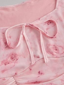 Pink Rose Tie-Dye Flare-Sleeve Crop Top — Square-Neck Ruched Sheer Blouse - View 2