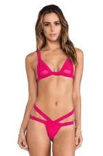 Mesh stitching strappy bikini swimsuit - Rose
