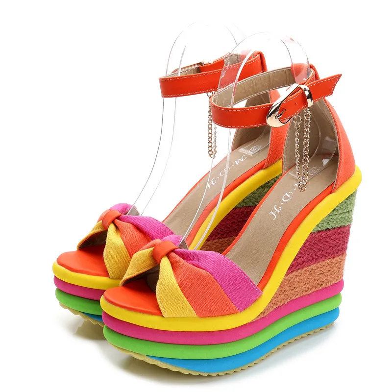 New super high heel wedge sandals straw - Orange