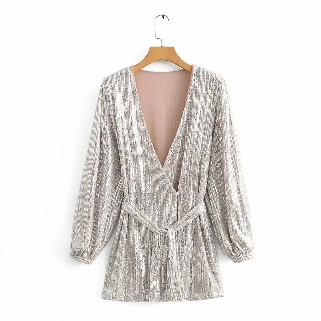 Sequined V-neck dress with long sleeves - Sliver