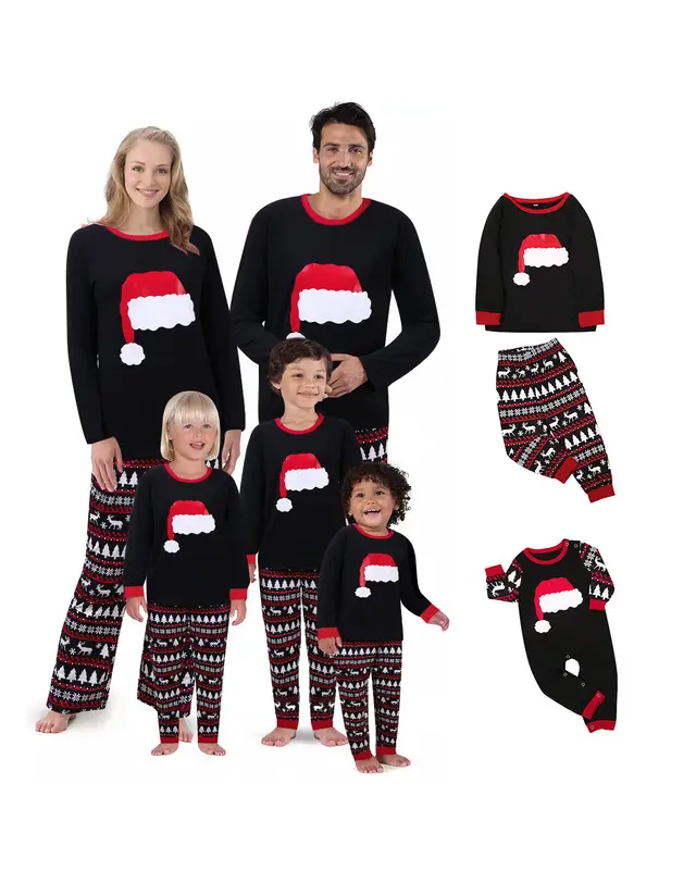 Christmas hat printing suit Christmas home wear pajamas parent child wear Black - Shop at LoveMi