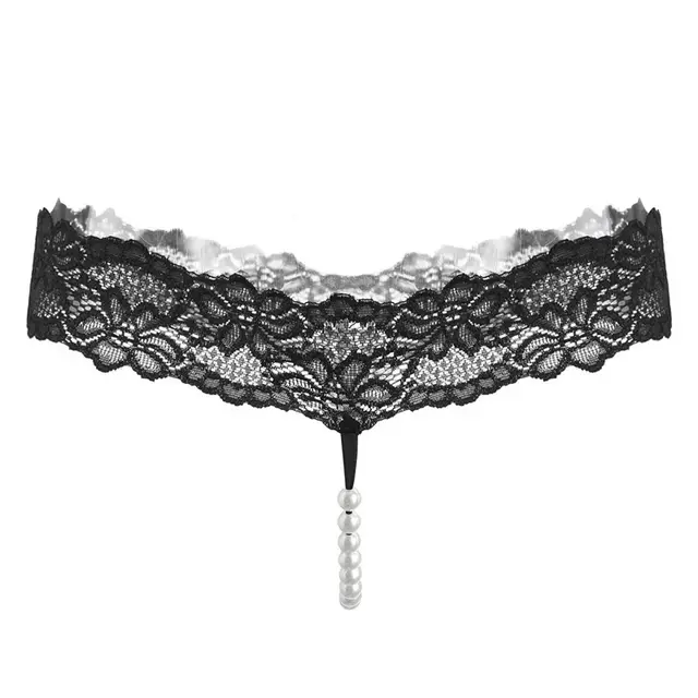 Pure Color Sexy Lace T-Pants, Pearl Massage Panties, Ladies Transparent Sexy - Black
