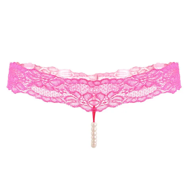 Pure Color Sexy Lace T-Pants, Pearl Massage Panties, Ladies Transparent Sexy - Rose Red