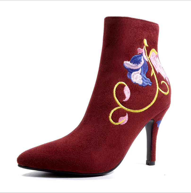 embroidery short boots - Red