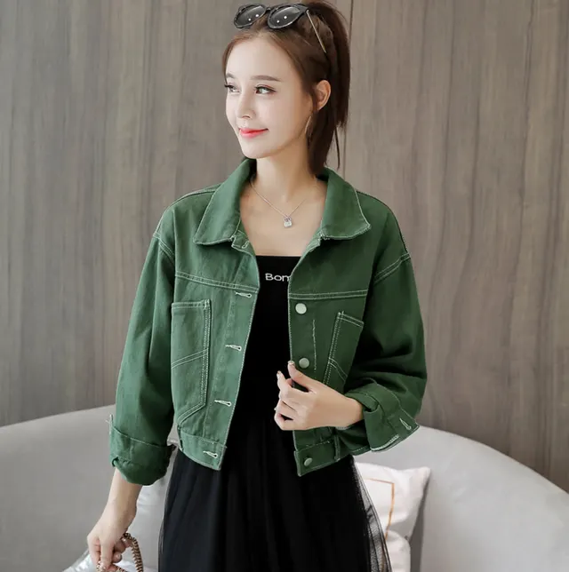 spring new women's Korean spring jacket students wild spring and autumn short red denim jacket female tide 6125 Army Green - Shop at LoveMi
