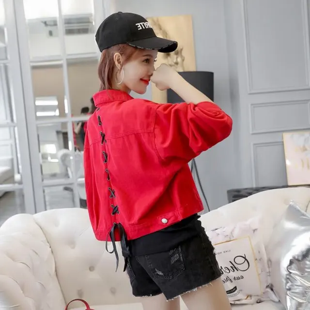 spring new women's Korean spring jacket students wild spring and autumn short red denim jacket female tide 8361 Red - Shop at LoveMi