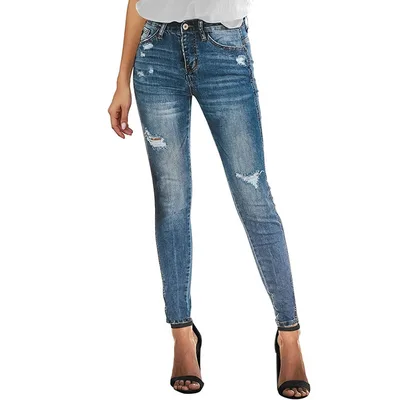 Casual ripped elastic slim fit pants Zm0657 Light Blue - Shop at LoveMi