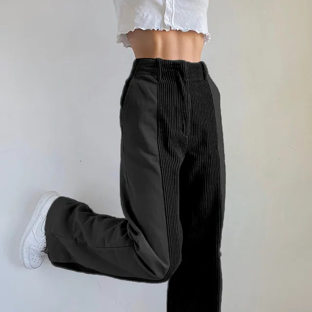 Women's Color Matching Casual Pants Solid Color Corduroy Pants Black - Shop at LoveMi