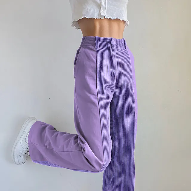Women's Color Matching Casual Pants Solid Color Corduroy Pants Purple - Shop at LoveMi