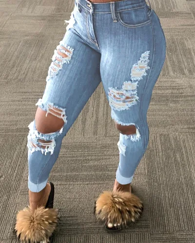 Explosion style ripped denim trousers Blue - Shop at LoveMi