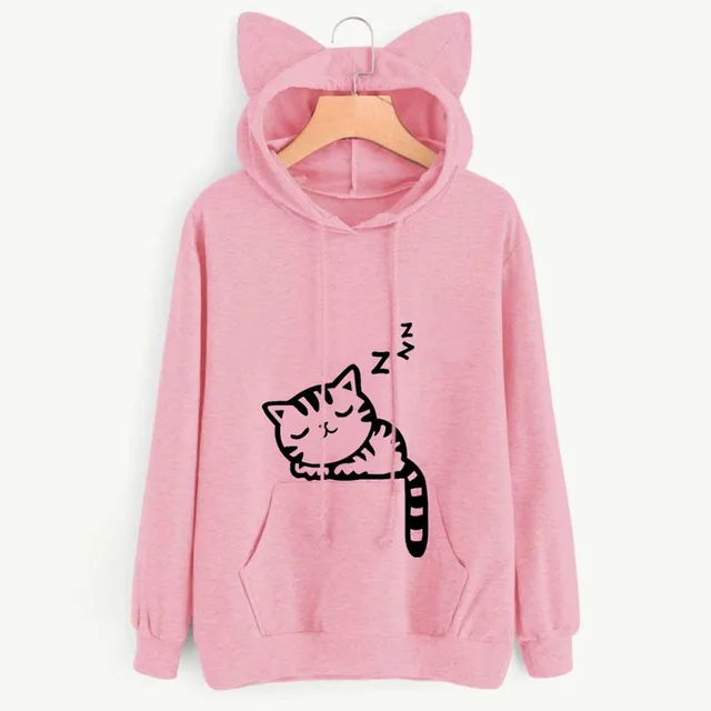 Women's loose printed hooded sweater - Pink
