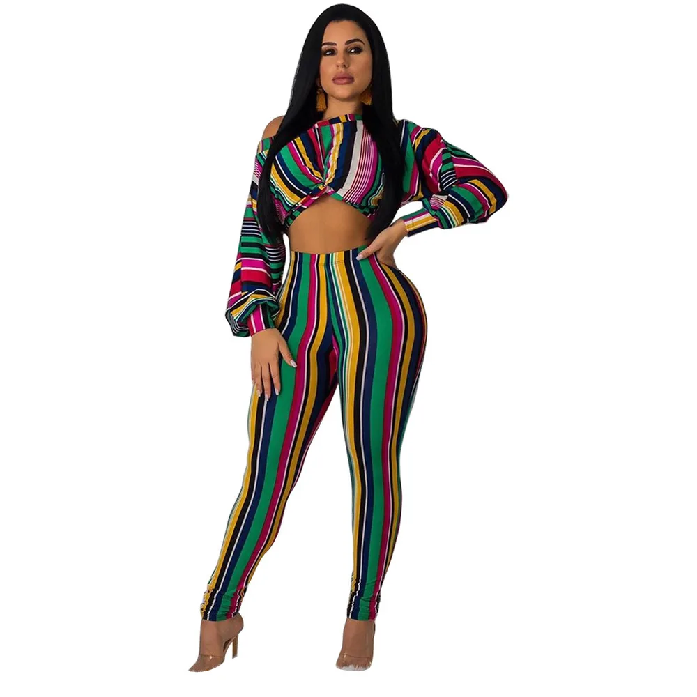 Striped print long top and leggings two-piece suit - Green