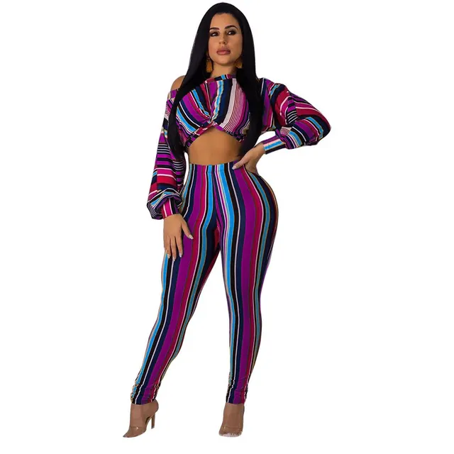 Striped print long top and leggings two piece suit Purple - Shop at LoveMi