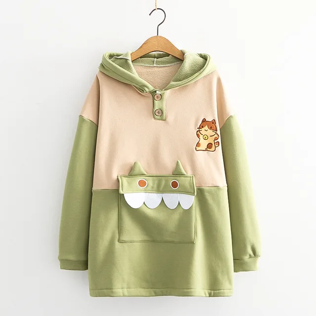 Hooded Cat Color Matching Padded Sweater Green - Shop at LoveMi