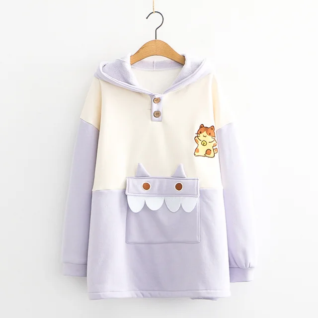 Hooded Cat Color Matching Padded Sweater Purple - Shop at LoveMi