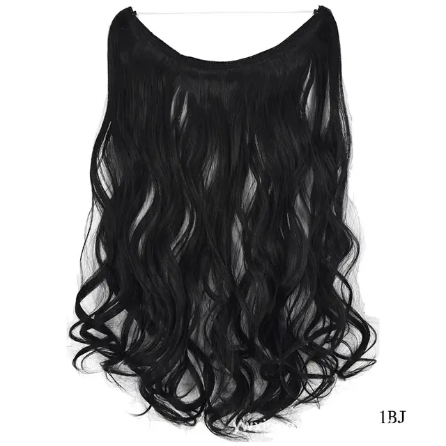22 inches Invisible Wire No Clips in Hair Extensions Secret Fish Line Hairpieces Silky Straight Synthetic - 1Bj Curly