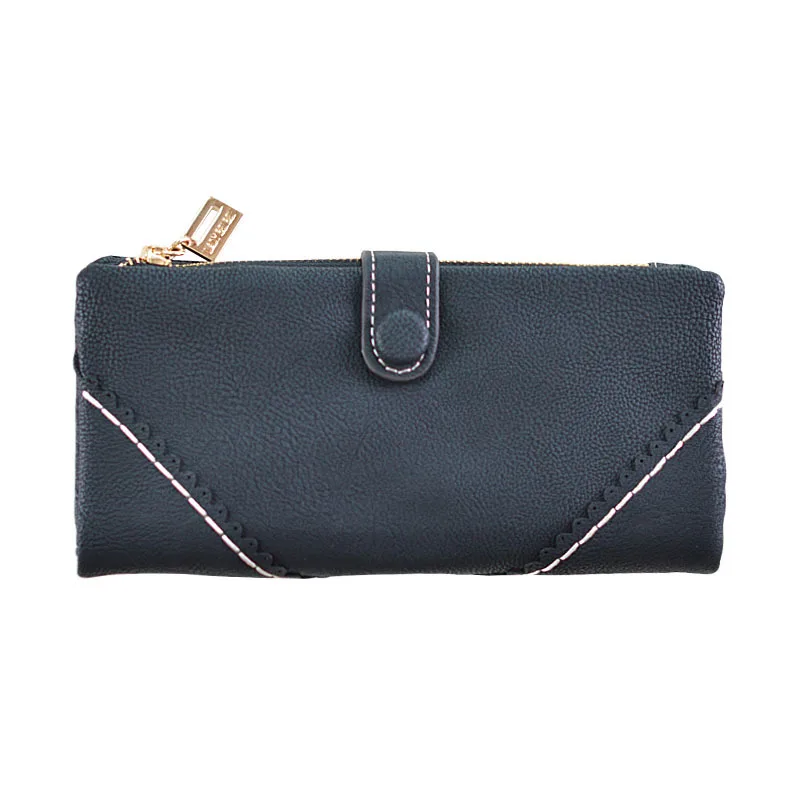 Lady purse female long lace lace buckle zipper multifunction large volume Purse Leather Wallet hand - Black
