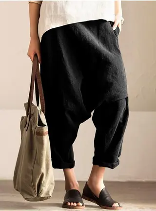 Cotton And Linen Plus Size Drop Harem Crotch Pants - Black