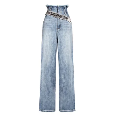 New Korean Ladies Rhinestone Letter Belt High Waist Big Long Legs Light Blue - Shop at LoveMi
