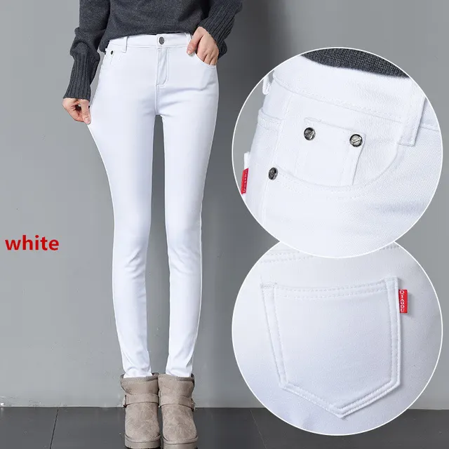 Thick pencil outer wear denim and long plus velvet boots White - Shop at LoveMi
