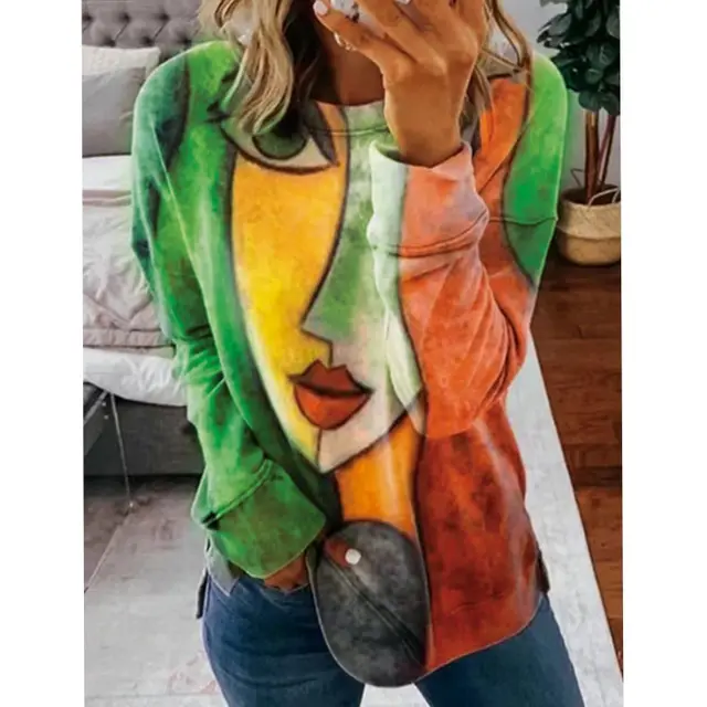 Printed Long Sleeved Round Neck Casual T shirt Women Dark Green - Shop at LoveMi