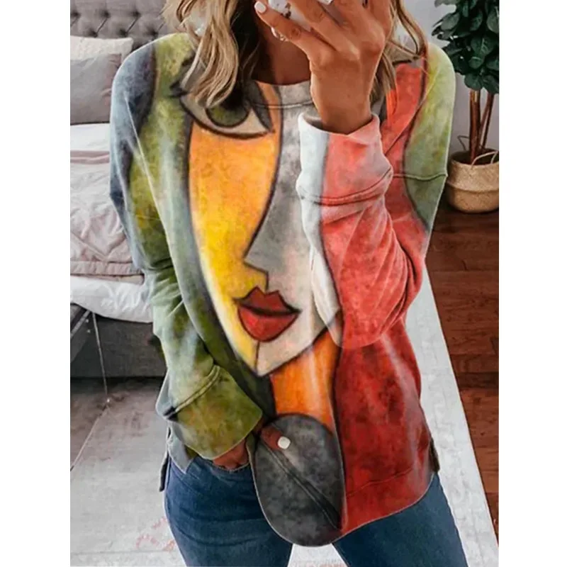 Printed Long-Sleeved Round Neck Casual T-shirt Women - Green