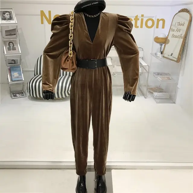 Puff sleeve velvet V neck jumpsuit women Brown - Shop at LoveMi