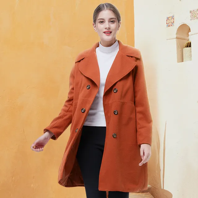 Women's double-breasted woolen coat long sleeve coat - Maroon