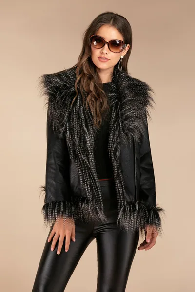 Imitation raccoon fur sheepskin leather jacket Black - Shop at LoveMi