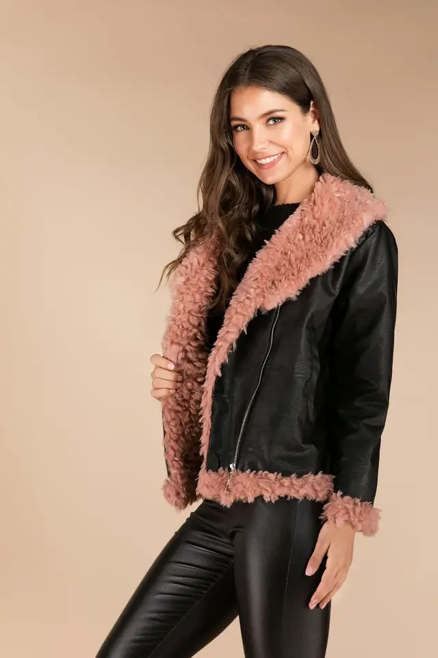 Imitation raccoon fur sheepskin leather jacket Pink - Shop at LoveMi