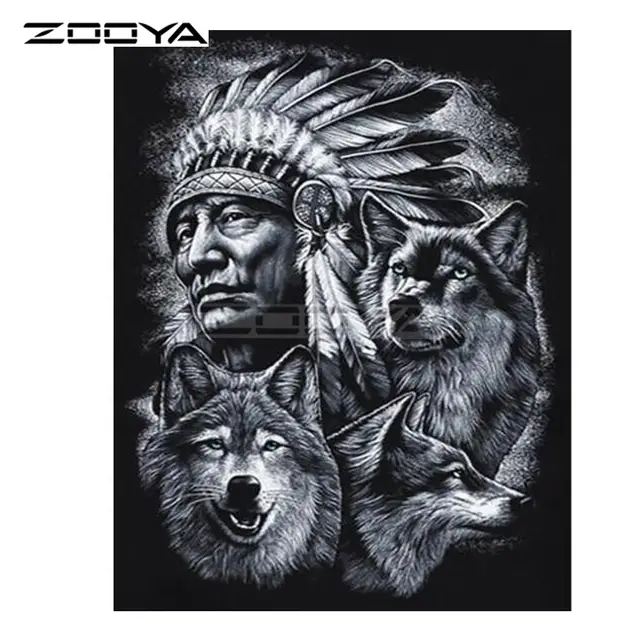 5D DIY Diamond Embroidery Indian Feathers & Black Wolves Diamond Painting Cross Stitch Drill Mosaic Decoration 25X30 - Shop at LoveMi