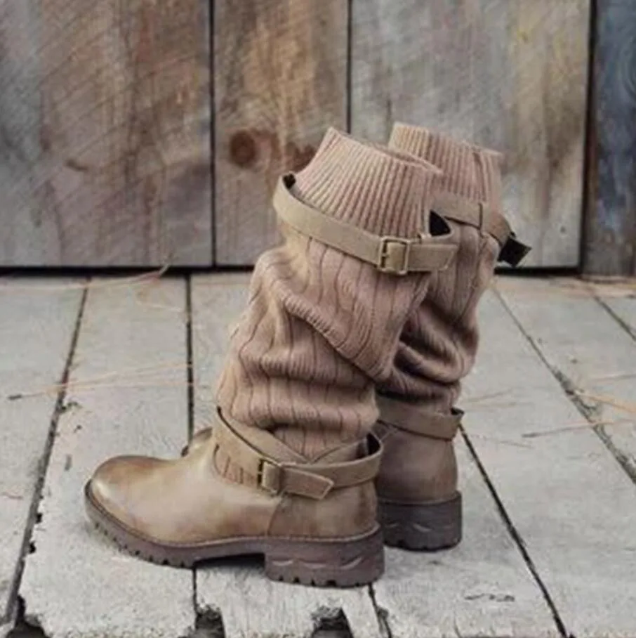 Vintage Style Winter Women Lady Warm Plush Fur Knitted Woolen Cotton Booties Martin Boot Shoes Brown - Shop at LoveMi