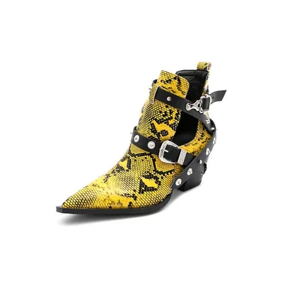 Pointed Toe Single Boots Studded Western Cowboy Boots Yellow - Shop at LoveMi