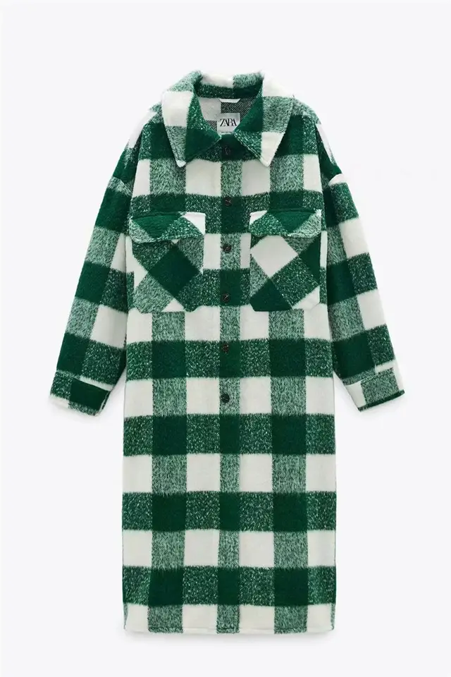 Classic contrast plaid woolen coat Green - Shop at LoveMi
