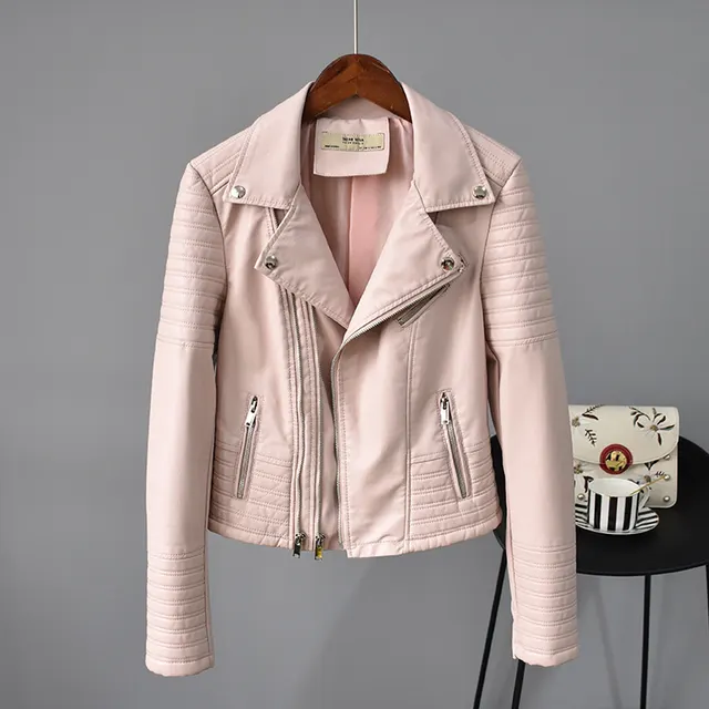 Rivet Suit Collar Women Washed PU Leather Jacket Pink - Shop at LoveMi