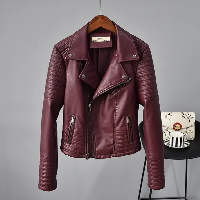 Rivet Suit Collar Women Washed PU Leather Jacket Red Wine - Shop at LoveMi