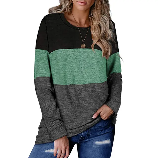 Round neck pullover color block sweater loose casual top Green - Shop at LoveMi
