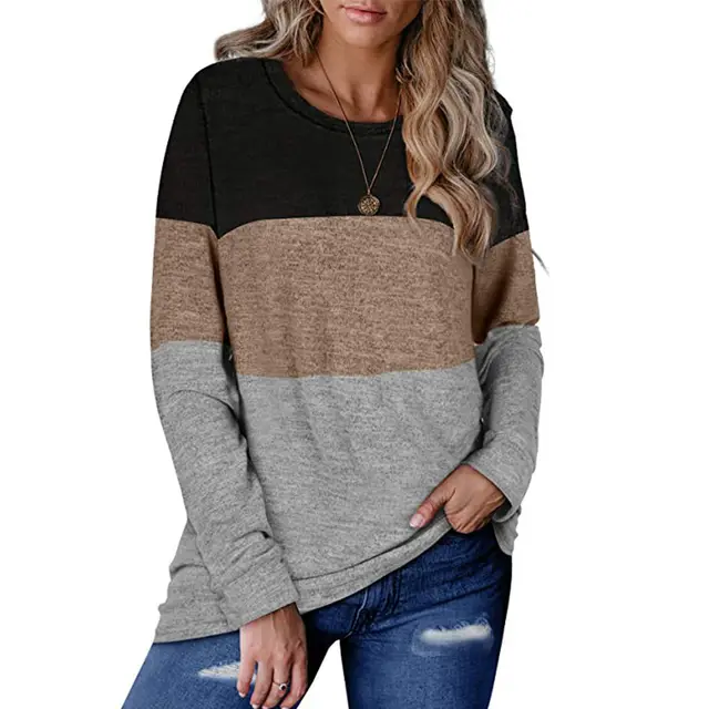 Round neck pullover color block sweater loose casual top Khaki - Shop at LoveMi