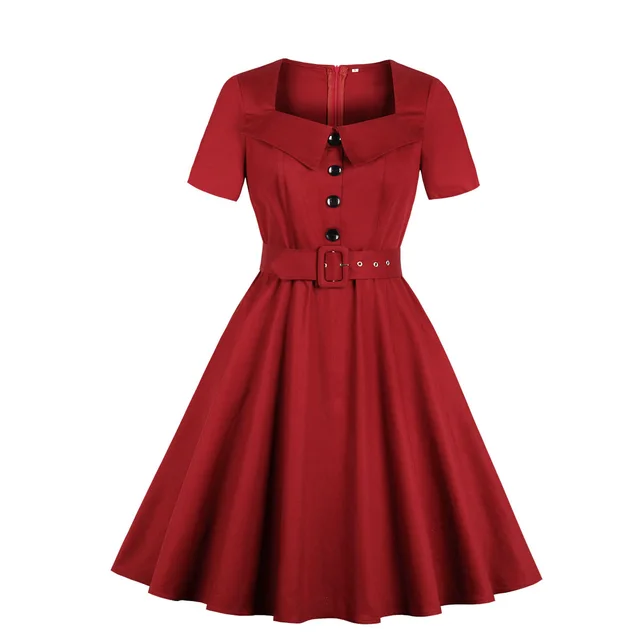 Women's Short Sleeve Solid Color Pocket Hepburn Style Dress Wine Red - Shop at LoveMi