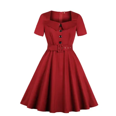 Women's Short Sleeve Solid Color Pocket Hepburn Style Dress Wine - Shop at LoveMi