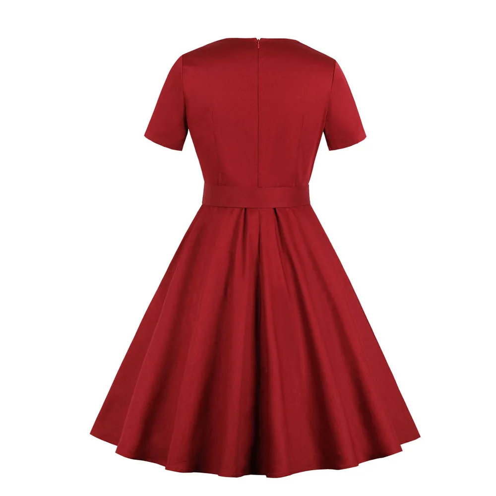Women's Short Sleeve Solid Color Pocket Hepburn Style Dress Wine - Shop at LoveMi