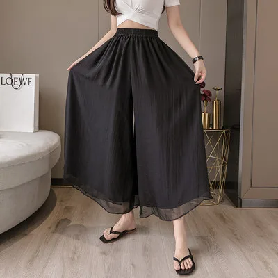 Double layer chiffon wide leg pants nine point hakama Black - Shop at LoveMi