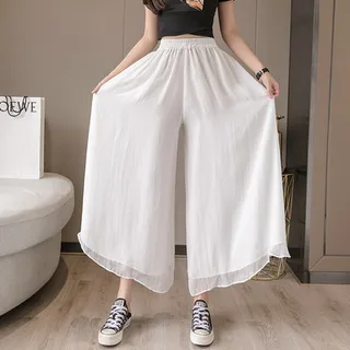 Double layer chiffon wide-leg pants nine-point hakama - White