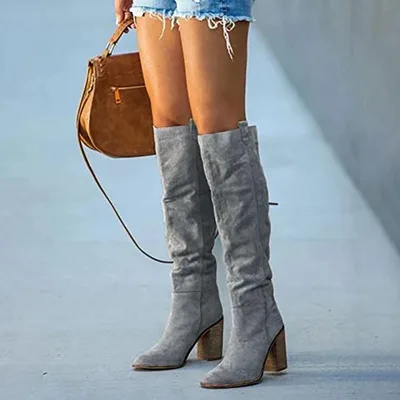 Over The Knee Round Head Suede Thick Heel Fashion Sleeve Boots Gray - Shop at LoveMi