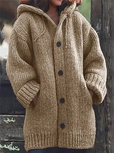 Mid length sweater new cardigan hooded jacket Khaki - Shop at LoveMi