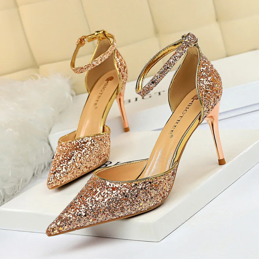 European and American style stiletto high-heeled shallow mouth pointed toe hollow sequin sexy nightclub slimming word with female sandals - Champag...