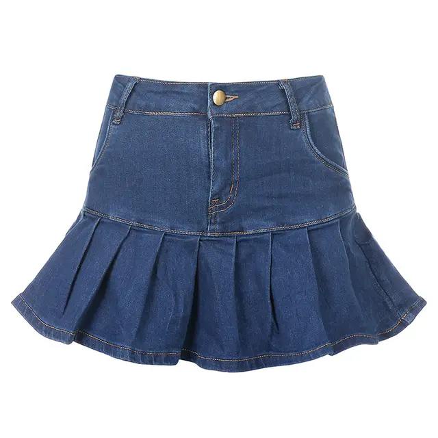 European And American High Waist Ruffled Denim Skirt Dark Blue - Shop at LoveMi