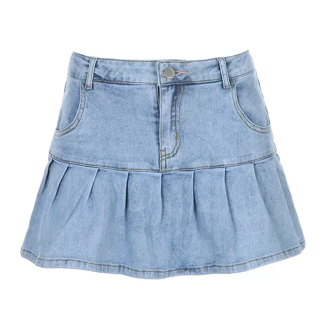 European And American High Waist Ruffled Denim Skirt Light Blue - Shop at LoveMi