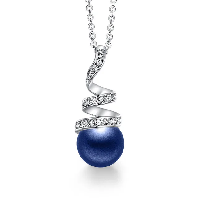 Ladies Spiral Pearl 18K White Gold Plated Clavicle Chain Dark Blue - Shop at LoveMi