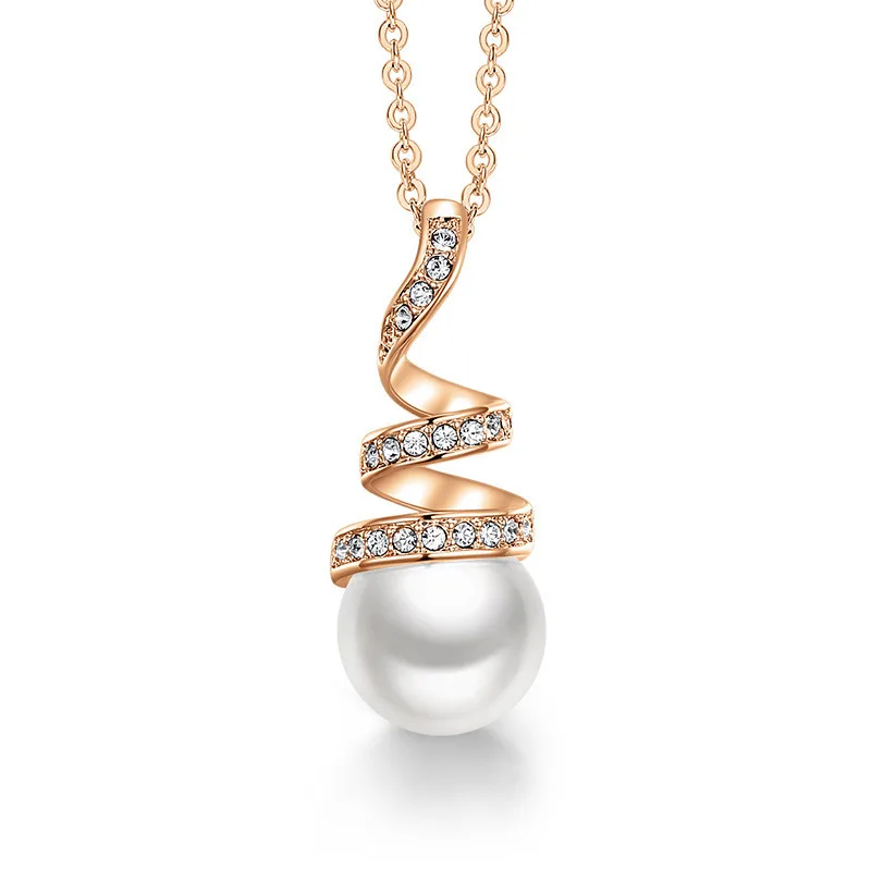 Ladies Spiral Pearl 18K White Gold Plated Clavicle Chain - White Rose Gold